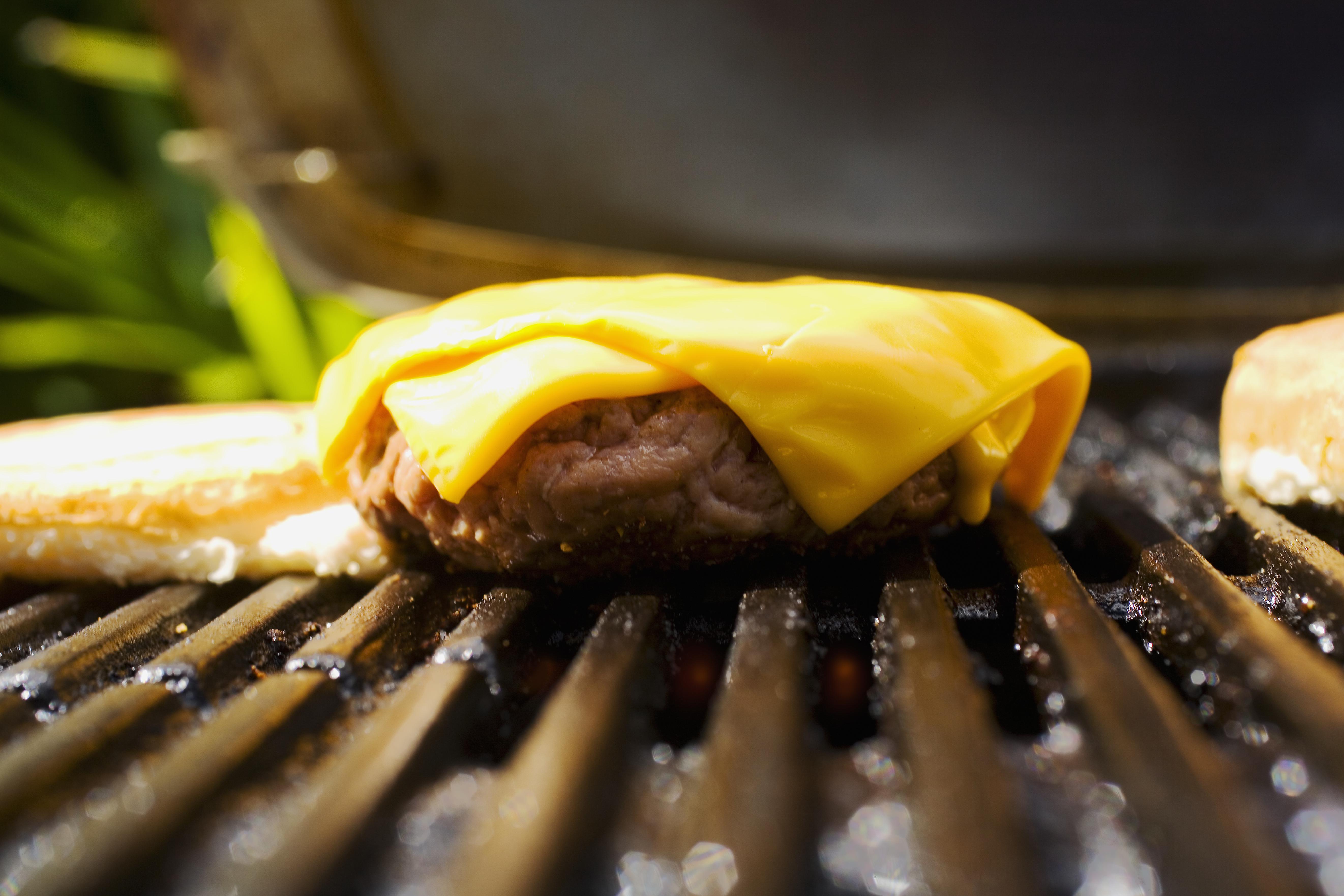 Barbecue scene, cheeseburger on the grill.