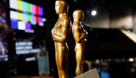 LOS ANGELES, CA - FEBRUARY 18, 2015: Two wooden stand-in Oscar statuettes are ready to be taken on