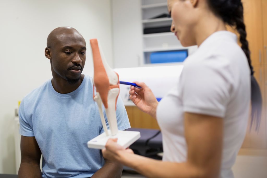Physical therapist explaining knee model to patient