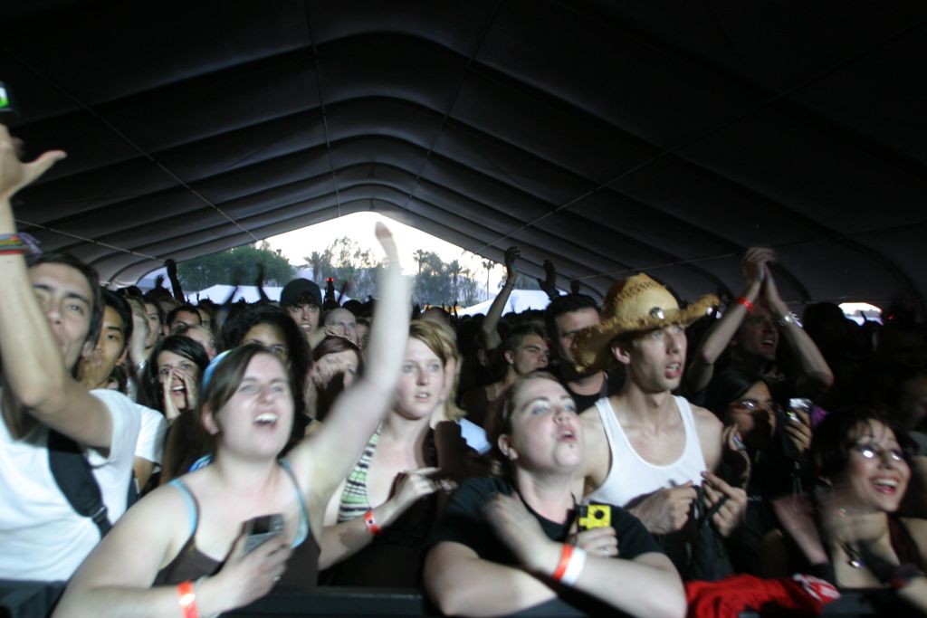 Fans cheer for Rufus Wainwright during his performance in the Mojave Tent at the Coachella Valley Music & Arts Festival in Indio, Calif., on Friday, April 27, 2007. Mercury News photograph by Tim Ball.