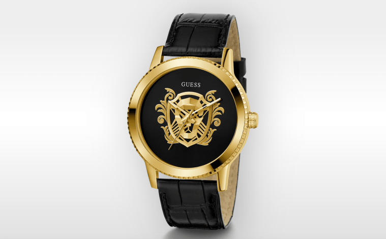 GUESS Mens Black Gold Tone Analog Watch