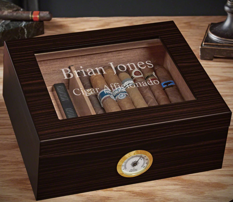 Personalized Humidor Cigar Box with Hygrometer - Espresso Brown Cedar Lined