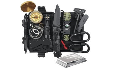 Flashlight, batteries, compass and multi-purpose/cutting tools