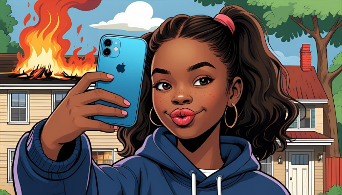 Selfie Girl with Fire Behind Her