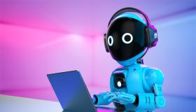 Cute and small 3d rendering artificial intelligence personal assistant robot with computer notebook