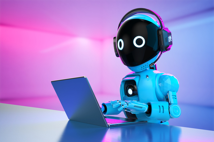 Cute and small 3d rendering artificial intelligence personal assistant robot with computer notebook