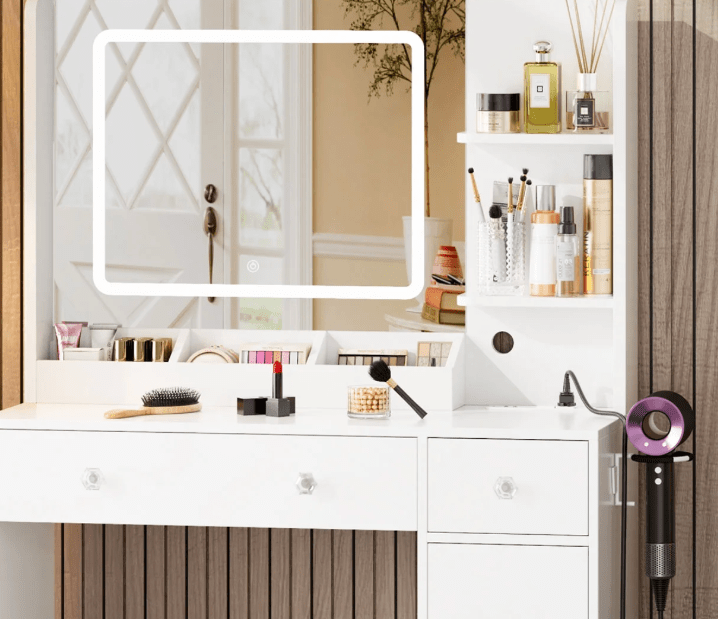 Satifur White Vanity Desk Set with Mirror and Lights