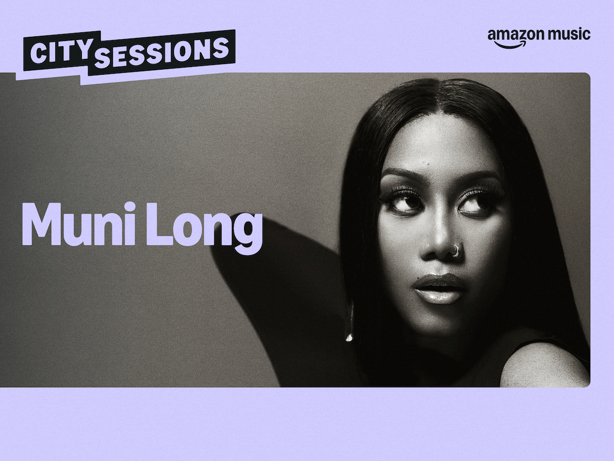 A black-and-white portrait of a woman with long dark hair and a serious expression, against a purple background with the text "City Sessions" and "Muni Long" displayed.