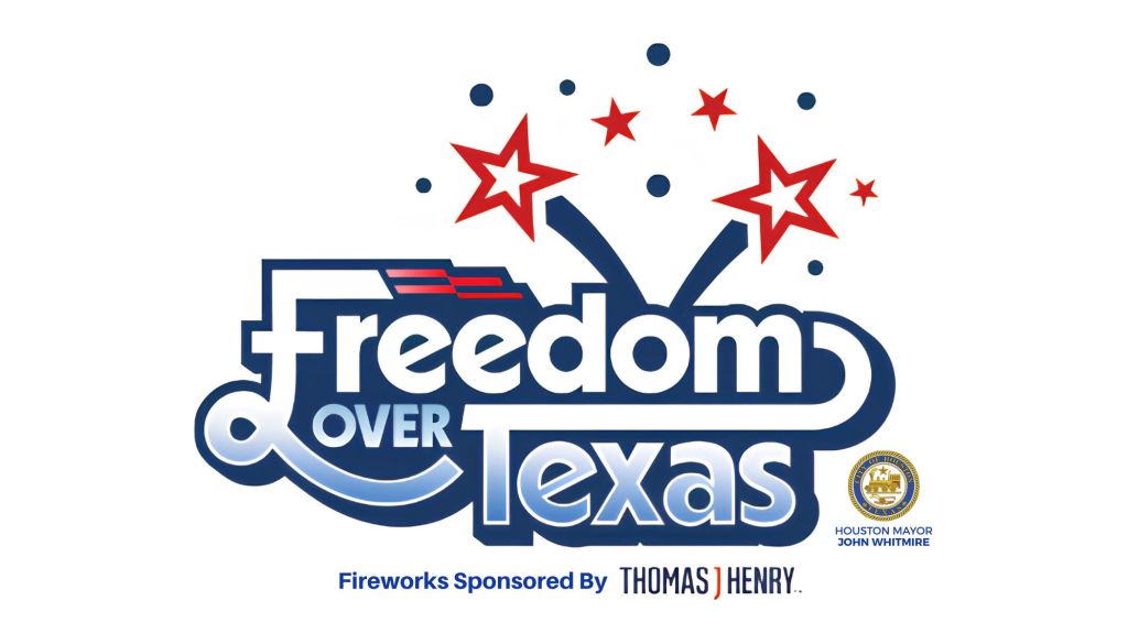 Fireworks display with red and blue stars over text "Freedom over Texas" and Houston mayor's seal.