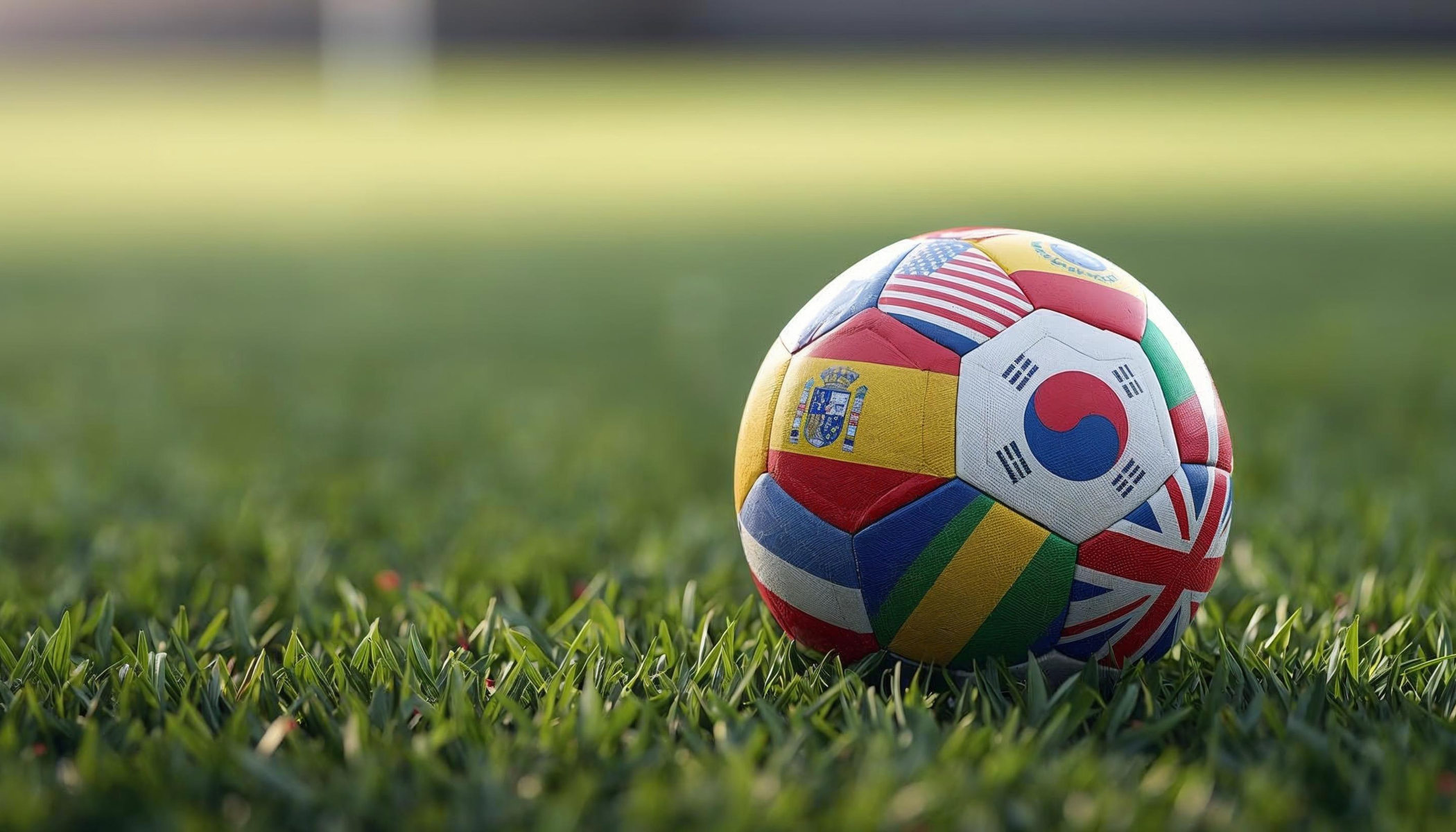 A colorful soccer ball with national flags on a grassy field.