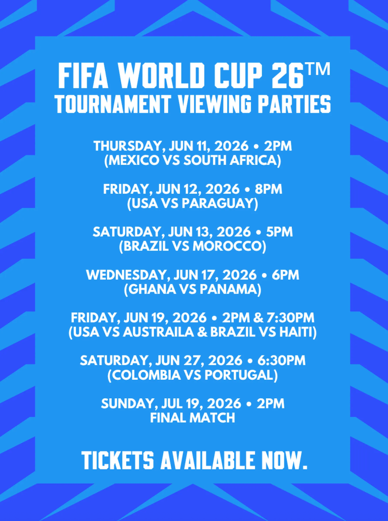 FIFA World Cup 26th tournament viewing parties schedule with match dates, times, and teams.