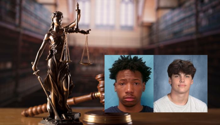 A bronze statue of the goddess of justice holding scales stands in a courtroom, with two headshot photos of young men displayed below.