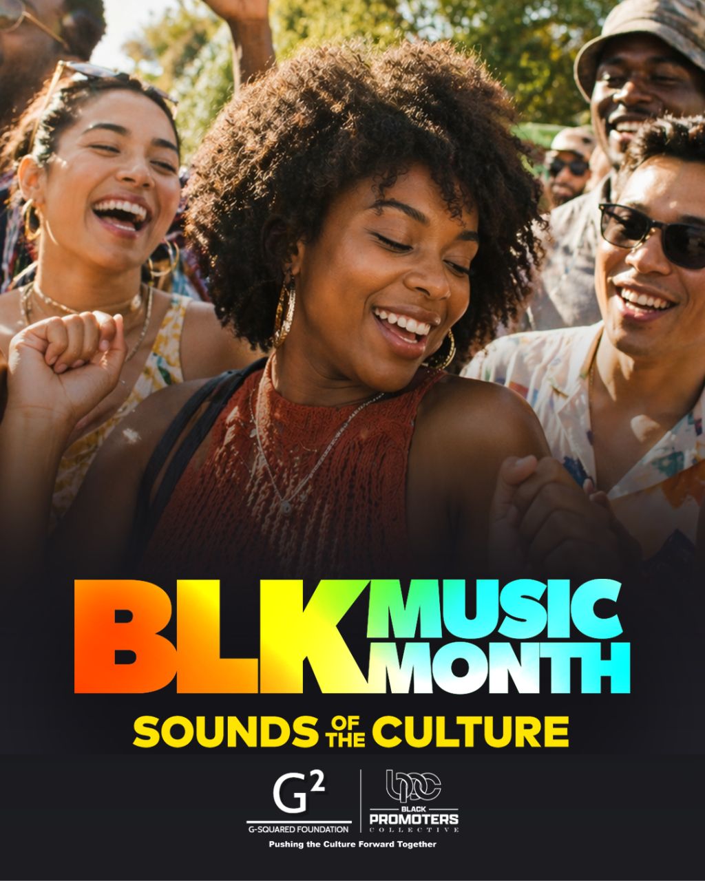 A group of smiling people celebrating Black Music Month, with the text "BLK MUSIC MONTH Sounds of the Culture" and logos for G2 and Black Promoters.