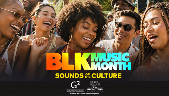 A group of diverse people laughing and celebrating together, with the text "BLK MUSIC MONTH Sounds of the Culture" prominently displayed.