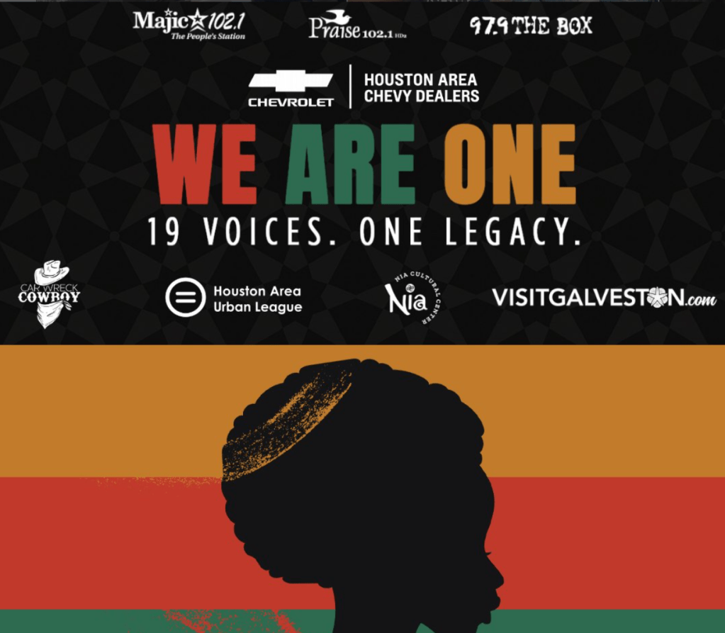 A silhouetted profile of a person's head against a colorful background. The text reads "WE ARE ONE 19 VOICES. ONE LEGACY." and lists several organizations including Houston Area Chevy Dealers, Houston Area Urban League, and Visitgalveston.com.