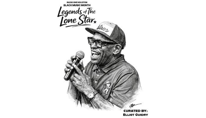 A black-and-white sketch portrait of a smiling man wearing a baseball cap and holding a microphone, with the text "Legends of the Lone Star" above.