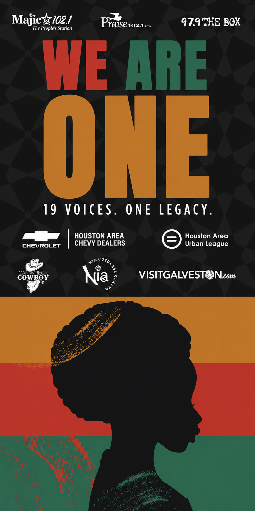 A silhouetted profile of a person with an afro hairstyle against a dark background. Text reads "WE ARE ONE 19 VOICES. ONE LEGACY." with logos for Majic 102.1, Praise 102.1 FM, 97.9 THE BOX, Chevrolet, Houston Area Chevy Dealers, Houston Area Urban League, and Visitgalveston.com.