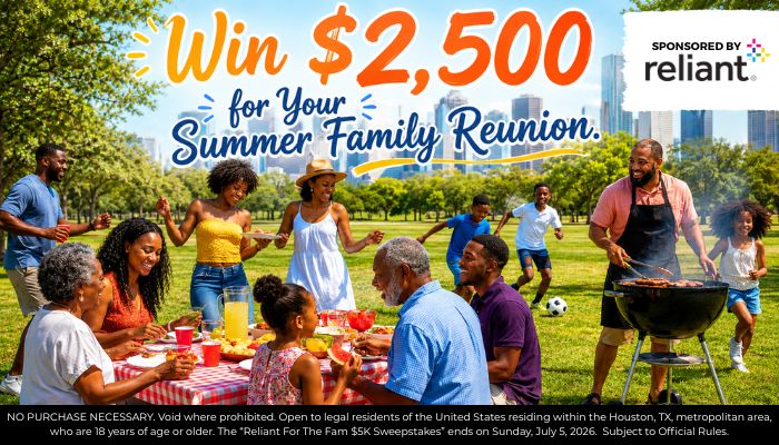 A family enjoying a summer picnic in a park, with a "Win $2,500 for Your Summer Family Reunion" banner sponsored by Reliant.