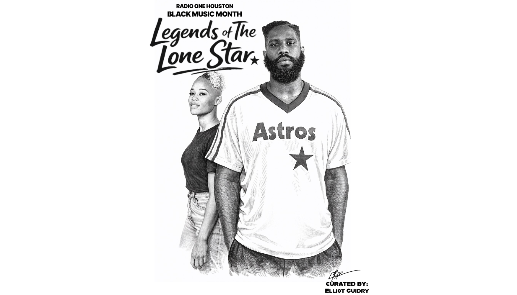 Black and white image of a man and woman standing together. The man is wearing a white jersey with "Astros" and a star logo. The woman has short blonde hair. Text at the top reads "Legends of the Lone Star".