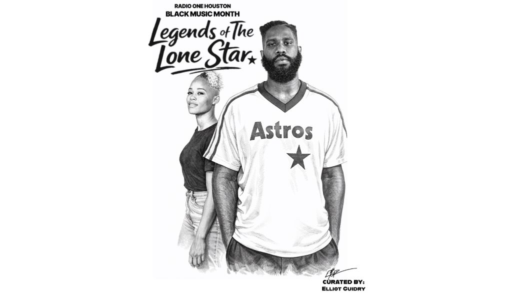 Black and white image of a man and woman standing together. The man is wearing a white jersey with "Astros" and a star logo. The woman has short blonde hair. Text at the top reads "Legends of the Lone Star".