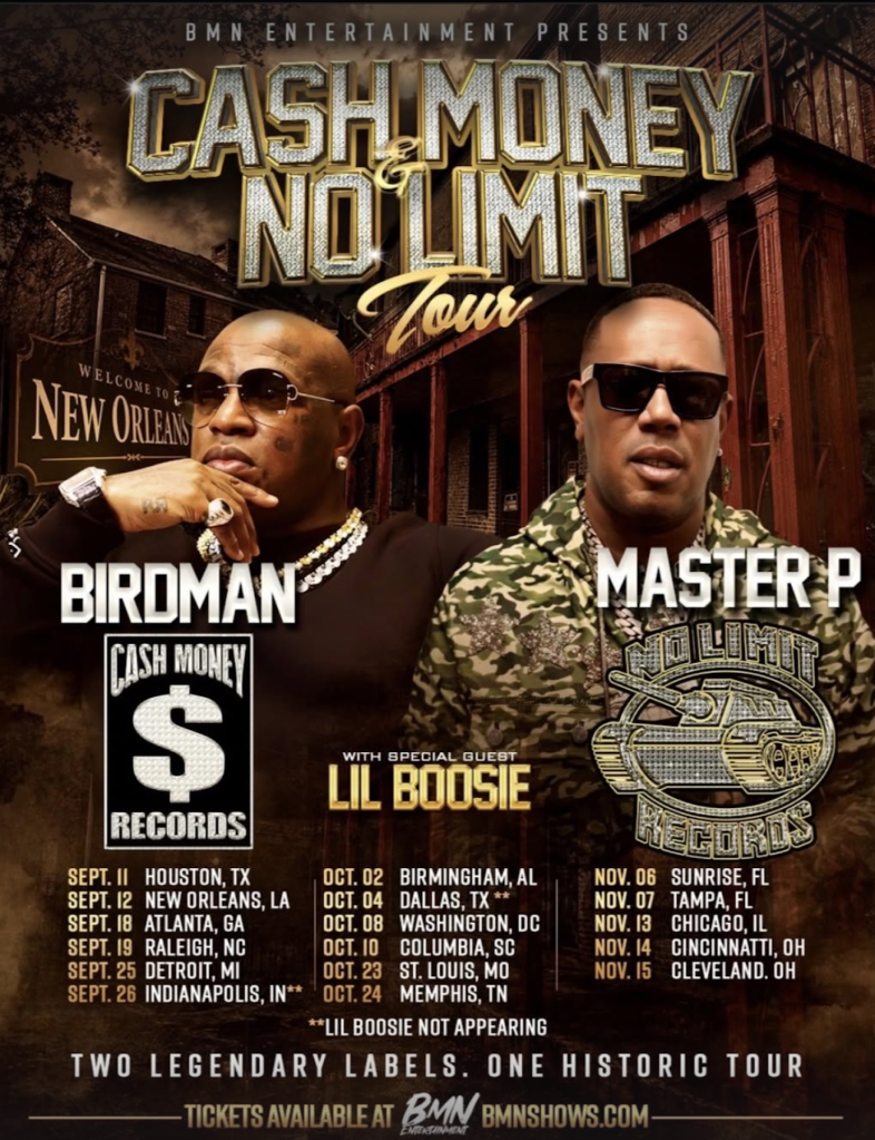 Cash Money & No Limit Tour poster featuring Birdman and Master P, with tour dates and special guest Lil Boosie.
