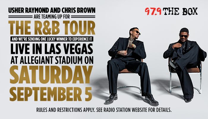 Usher Raymond and Chris Brown seated in chairs, promoting "The R&B Tour" live in Las Vegas at Allegiant Stadium on Saturday, September 5.