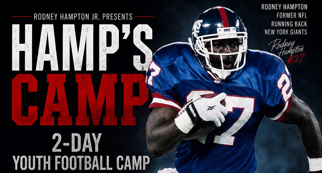 Rodney Hampton, former NFL running back for the New York Giants, promoting a 2-day youth football camp on July 30-31 at Kashmere High School in Houston, TX.