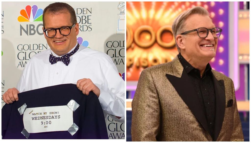 Two images of a man wearing glasses and a bow tie. In the first, he is standing in front of an NBC Golden Globe Awards backdrop. In the second, he is smiling and wearing a tan coat.