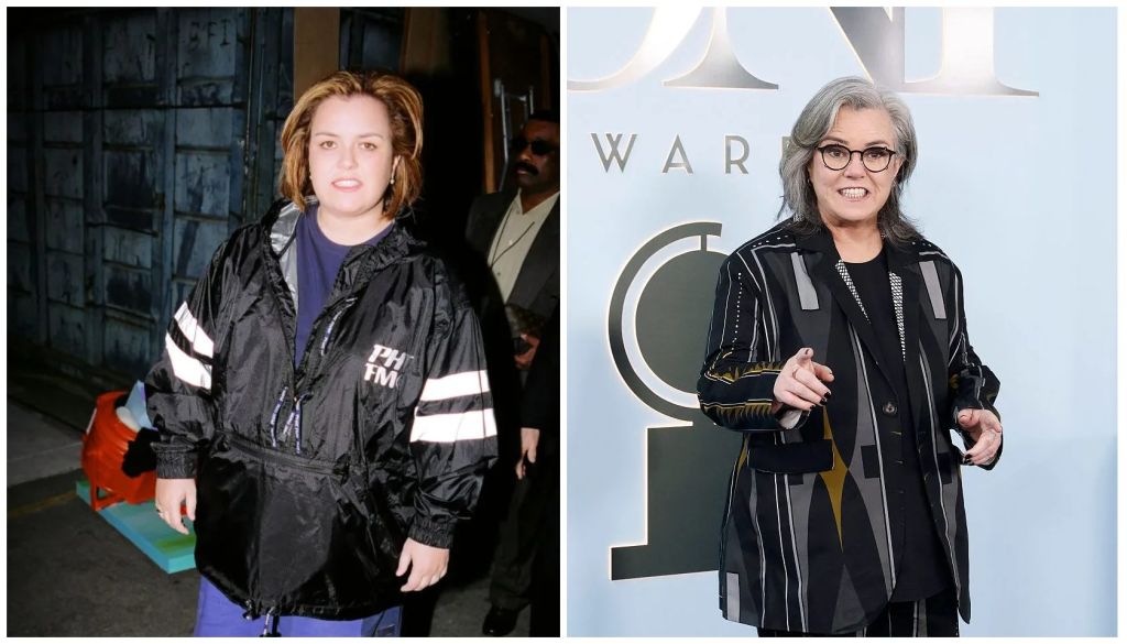 A woman in a black jacket with reflective stripes stands in front of a building. Another woman in a black coat with a striped pattern stands in front of a "WAR" sign.