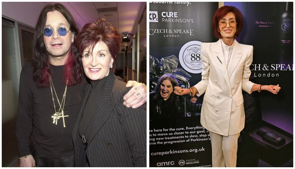 Two images showing Ozzy Osbourne and Sharon Osbourne. In the first, Ozzy and Sharon pose together. In the second, Sharon stands in front of a Cure Parkinson's banner.