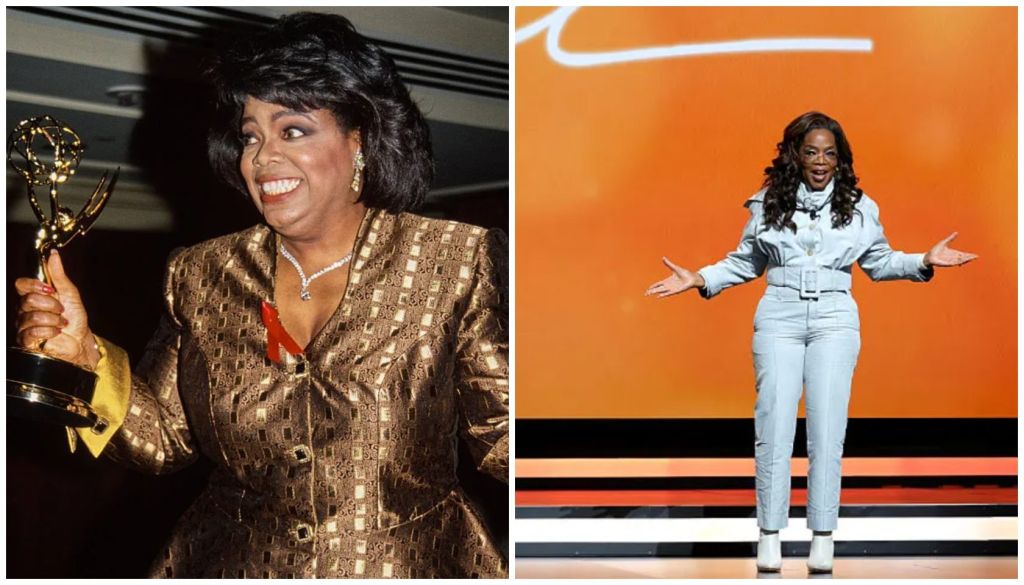 A woman in a gold patterned jacket holding an Emmy award, and a woman in a white outfit with arms outstretched on a stage with a large orange Nike logo.
