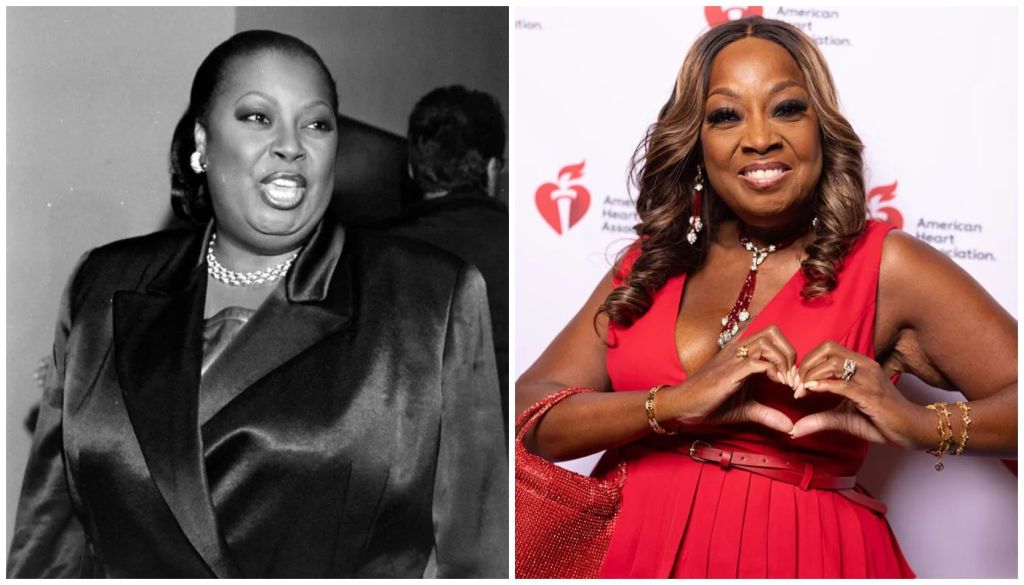A black and white portrait of a smiling woman in a coat, and a color photo of a woman in a red dress posing at a red carpet event.