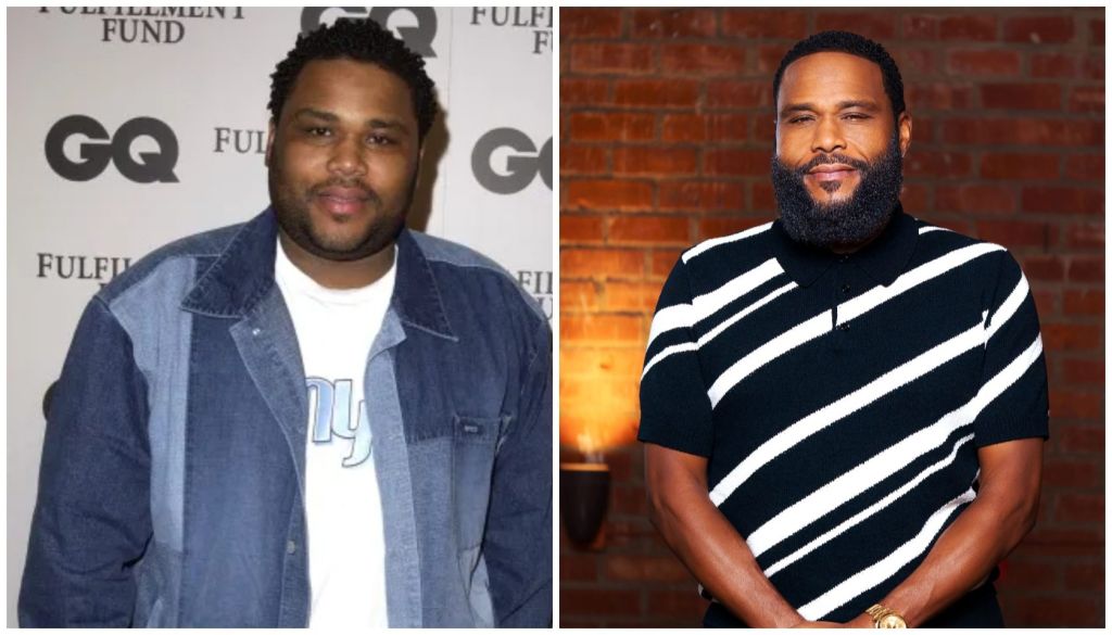 Two images of a Black man: one in a denim jacket at a GQ event, the other in a striped shirt with a full beard against a brick wall.