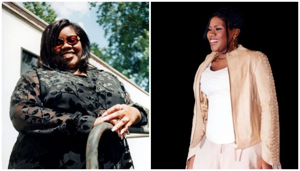 Two images of a smiling woman, one in a camouflage jacket and the other in a beige jacket.
