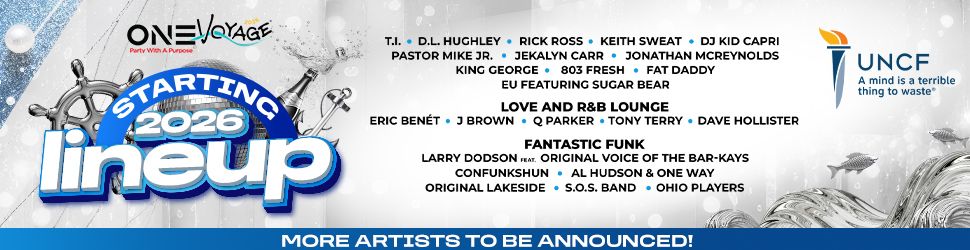 One Voyage music festival poster featuring lineup of artists including T.I., D.L. Hughley, Rick Ross, Keith Sweat, DJ Kid Capri, Pastor Mike Jr., Jekalyn Carr, Jonathan McReynolds, King George, 303 Fresh, Fat Daddy, EU featuring Sugar Bear, Eric Benet, J Brown, Q Parker, Tony Terry, Dave Hollister, Fantastic Funk, Larry Dodson, Original Voice of the Bar-Kays, Confunkshun, Al Hudson & One Way, Original Lakeside, S.O.S. Band, Ohio Players, and more.