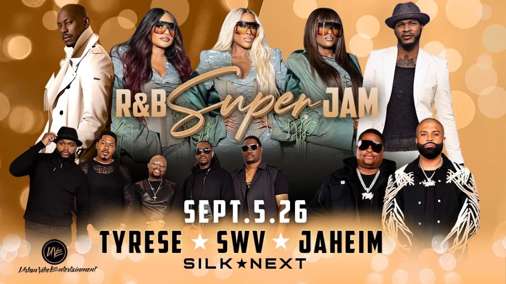 A group of R&B artists posing together in front of a "R&B Super Jam" event poster with the date September 5, 26 and performers Tyrese, SWV, and Jaheim.