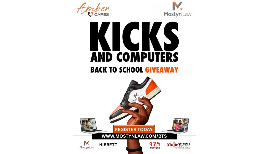 Kicks and Computers Back to School Giveaway. Graphic shows a sneaker, laptop, and text "KICKS AND COMPUTERS BACK TO SCHOOL GIVEAWAY REGISTER TODAY WWW.MOSTYNLAW.COM/BTS".