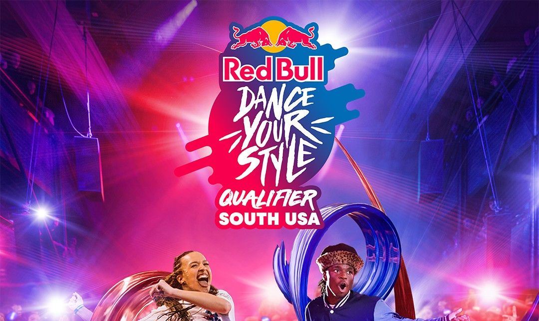 Two dancers performing on stage at a Red Bull Dance Your Style qualifier event in South USA, with the Red Bull logo and event details visible.