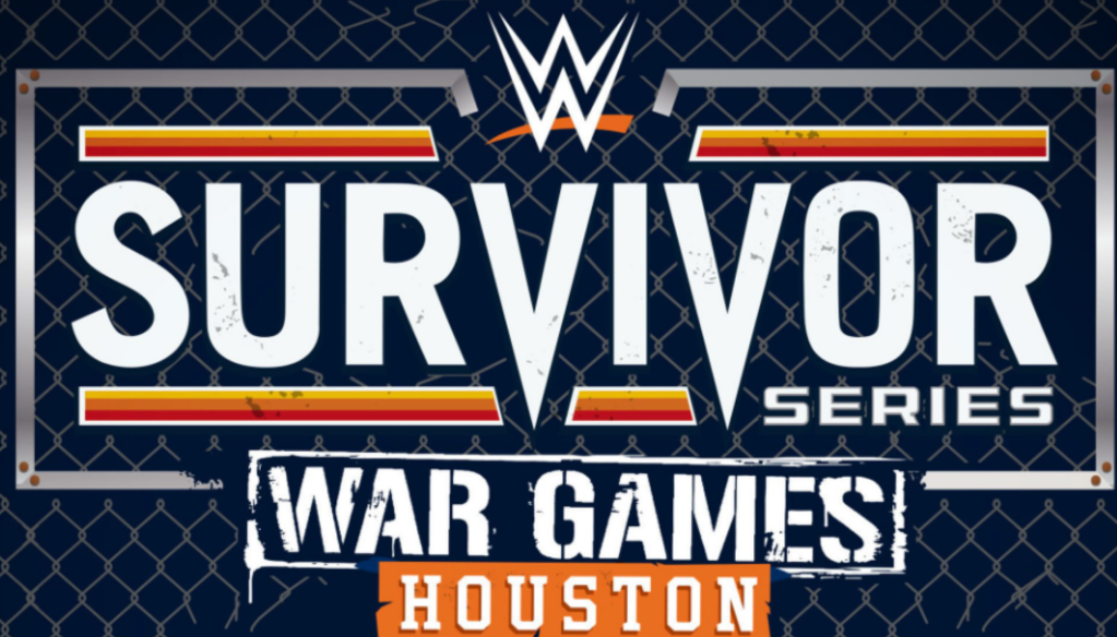 Poster for WWE Survivor Series 2022 "War Games" event in Houston on November 28, featuring the WWE logo and event details.
