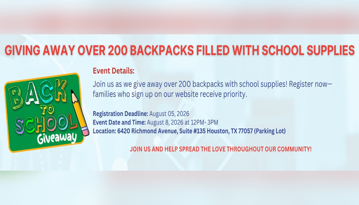 Flyer advertising a "Back to School Giveaway" event, offering over 200 backpacks filled with school supplies. Event details include registration deadline, date, time, and location.