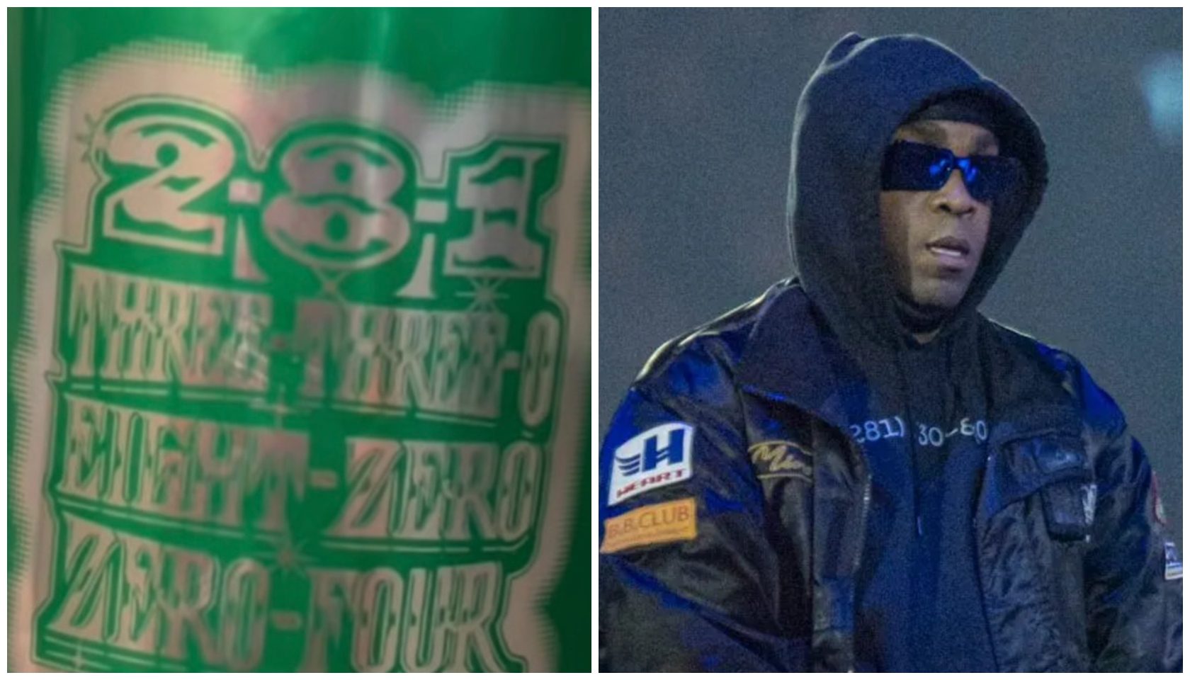 Two images: 1) Green bag with text "Amadise Winkle Engy-Zerro Verg-Foul" 2) Person in blue hooded jacket and sunglasses standing in dark setting.