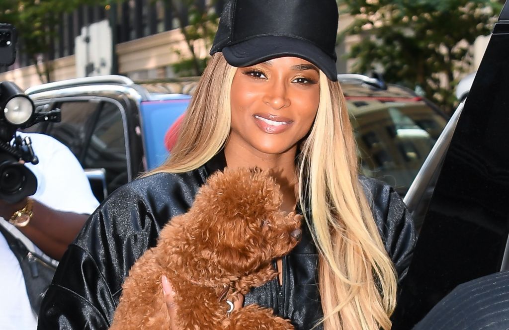 A smiling woman with long blonde hair wearing a black baseball cap and holding a small brown poodle in front of a city street.