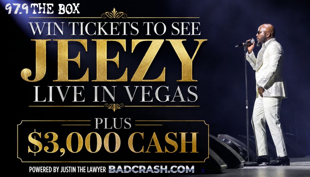 A man in a white suit performing on stage, with text reading "WIN TICKETS TO SEE JEEZY LIVE IN VEGAS" and "$3,000 CASH" on a dark background.