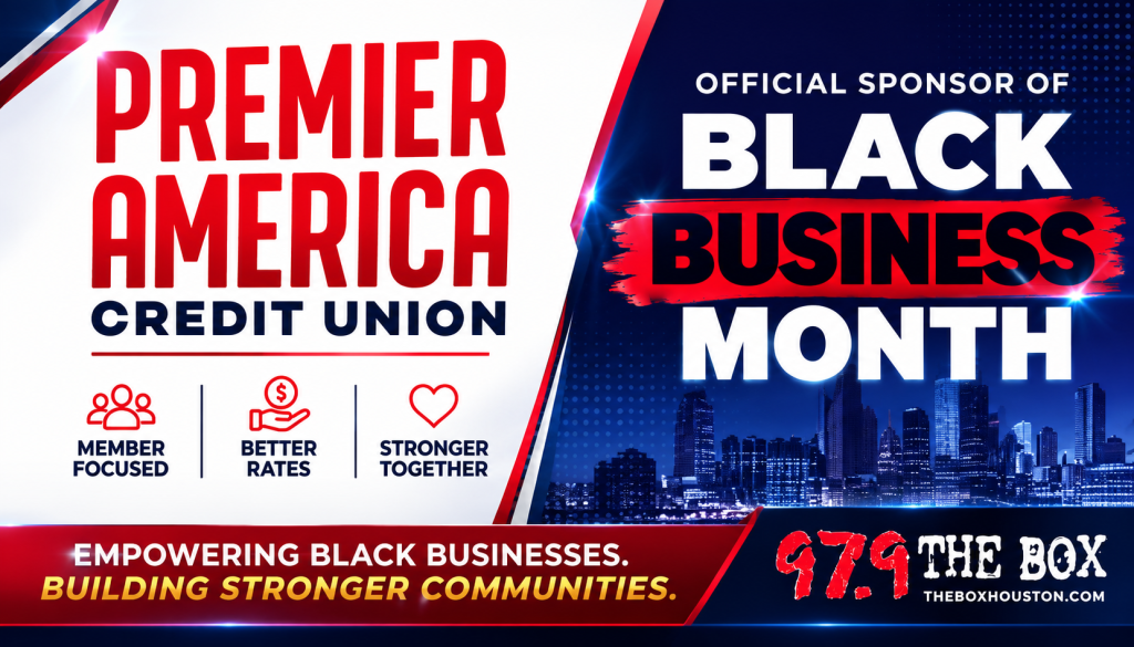 Premier America Credit Union logo and text promoting Black Business Month, with a cityscape skyline in the background.