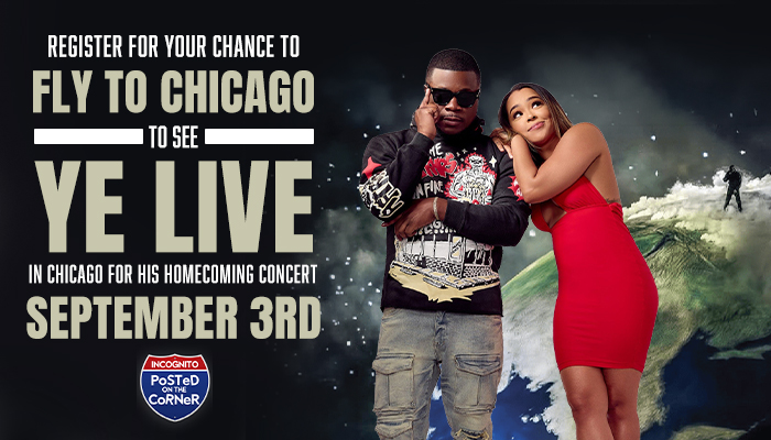 A man and woman standing together in front of a snowy landscape, promoting a concert event in Chicago on September 3rd.