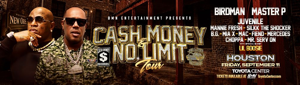 Poster for the "Cash Money No Limit Tour" featuring Birdman, Master P, Juvenile, Mannie Fresh, Silkk the Shocker, B.G., Mia X, Mac, Fiend, and Mercedes.
