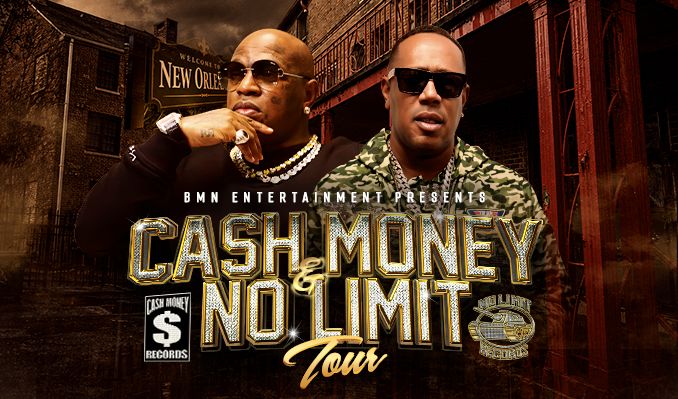 Two bald men in sunglasses and jewelry standing in front of a building with "New Orleans" sign, promoting "Cash Money No Limit Tour