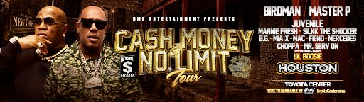 Promotional concert poster for "Cash Money No Limit Tour" featuring rappers Juvenile, Birdman, and Master P.