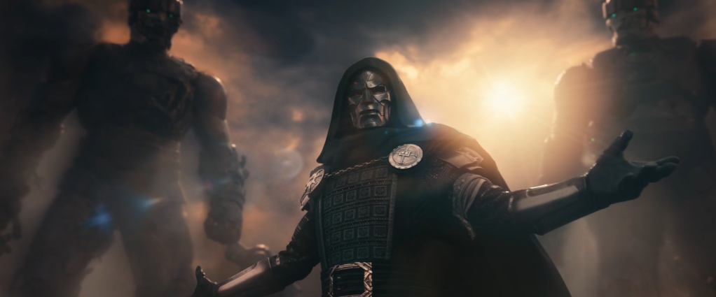 A hooded figure in dark armor stands with outstretched hand, surrounded by a fiery, smoky backdrop.