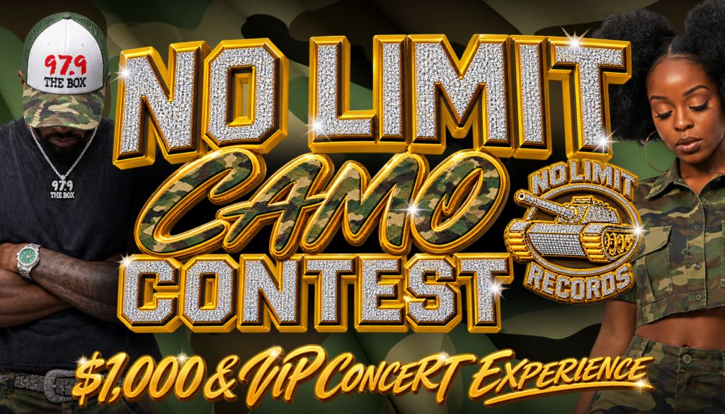 No Limit camo contest $1,000 & VIP concert experience banner with Ndlimit Records logo, camouflage clothing, and a person with sunglasses.